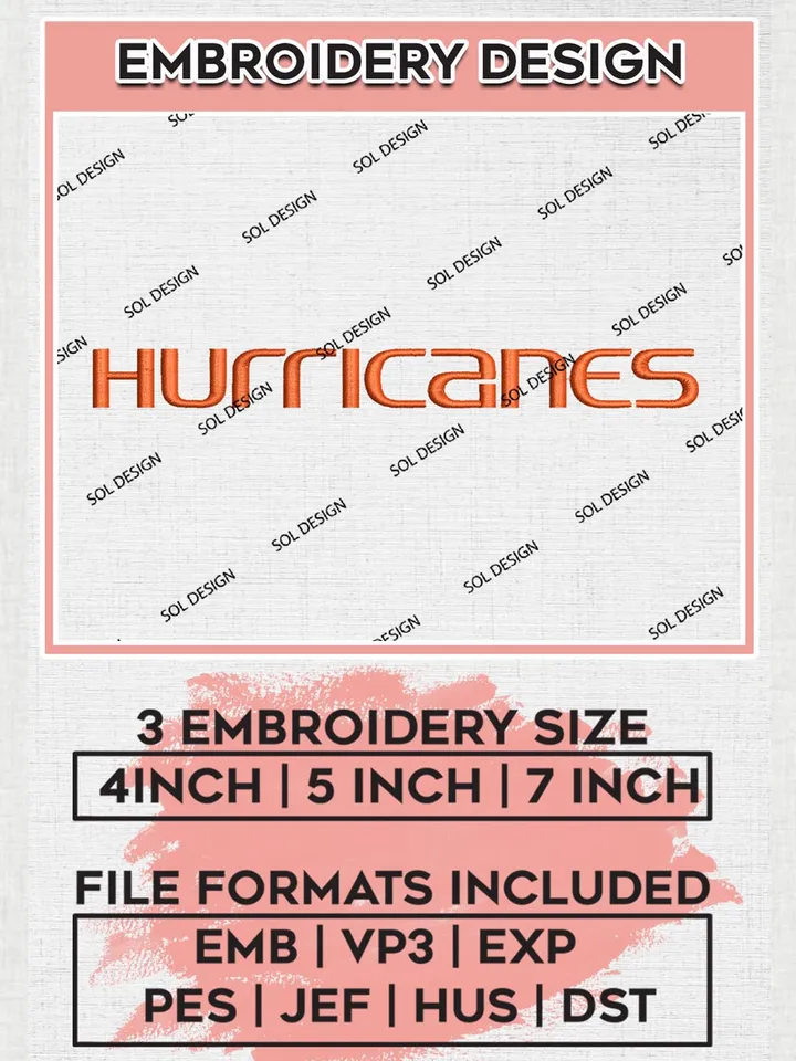 NCAA Hurricanes College Team Word Logo Embroidery Design Files, NCAA Miami Hurricanes Machine Embroidery, NCAA Teams, 3 sizes, NCAA Machine embroidery designs, Digital Download