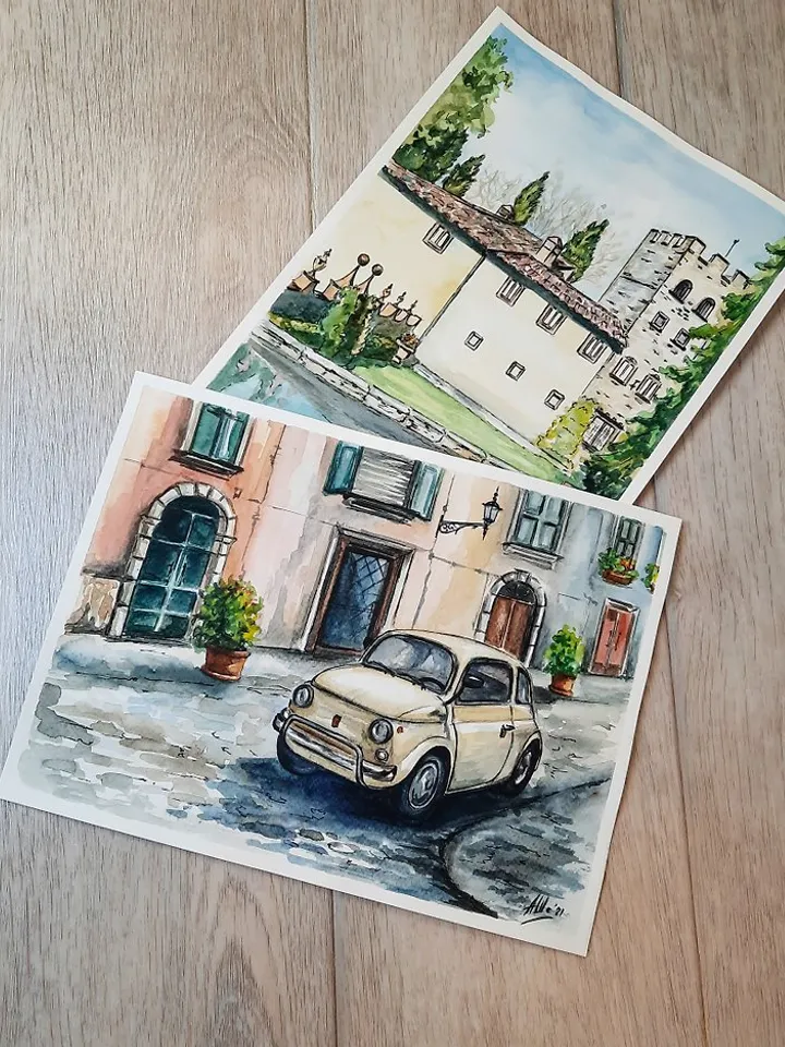 Watercolor painting Car painting Landscape Italy Cityscape Original painting