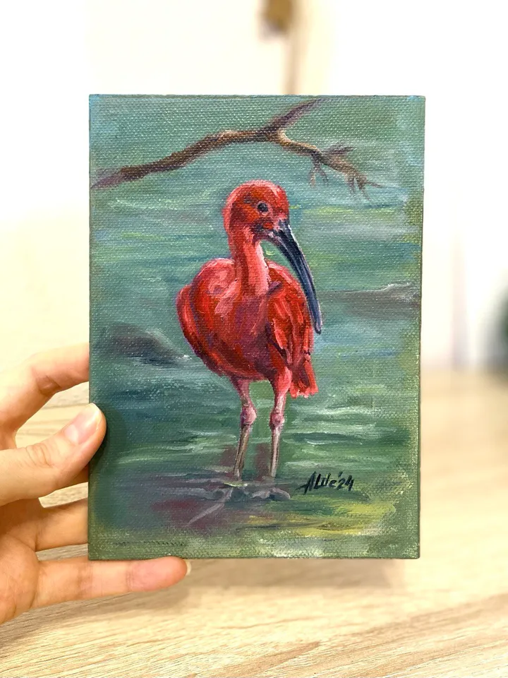 Ibis painting Oil painting Pond landscape Bird painting