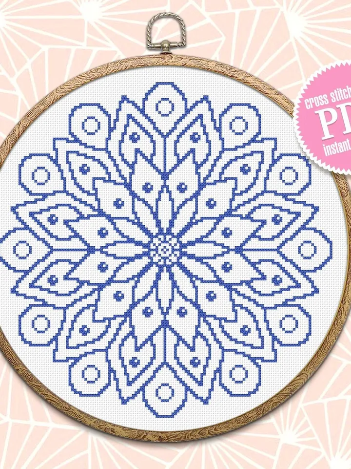 Easy mandala cross stitch pattern download PDF Flower mandala digital Monochrome cross stitch Floral ornament xstitch chart Home decor #M71