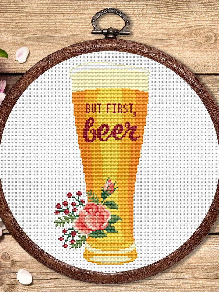 Set of 2 But First Beer Cross Stitch Pattern, Kitchen Cross Stitch, Embroidery Beer, But First Wine Pattern, Modern Cross Stitch #kt008