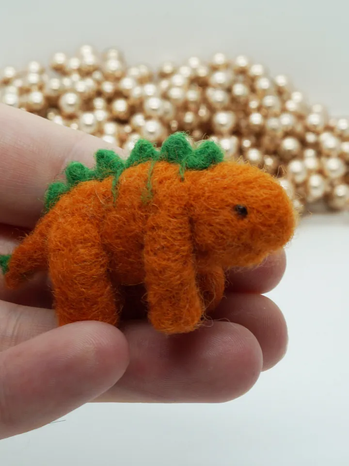 Miniature needle felted stegosaurus dinosaur, orange dinosaur, ready to ship from the USA