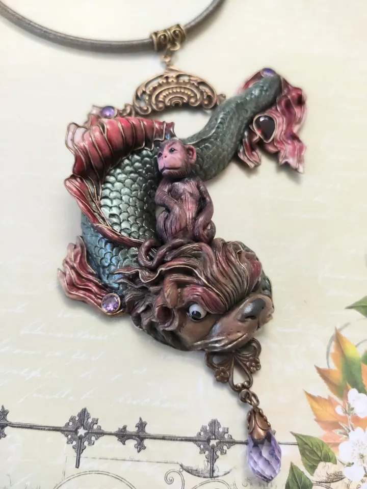 Art Nouveau Necklace Monkey on a Dolphin based on an engraving by Gustav Dore