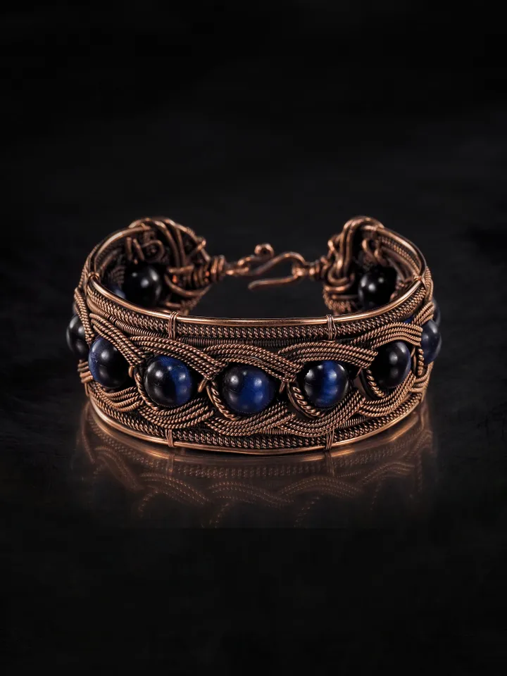 Copper wire bracelet with natural falcon eye, 7th Wedding Anniversary gift