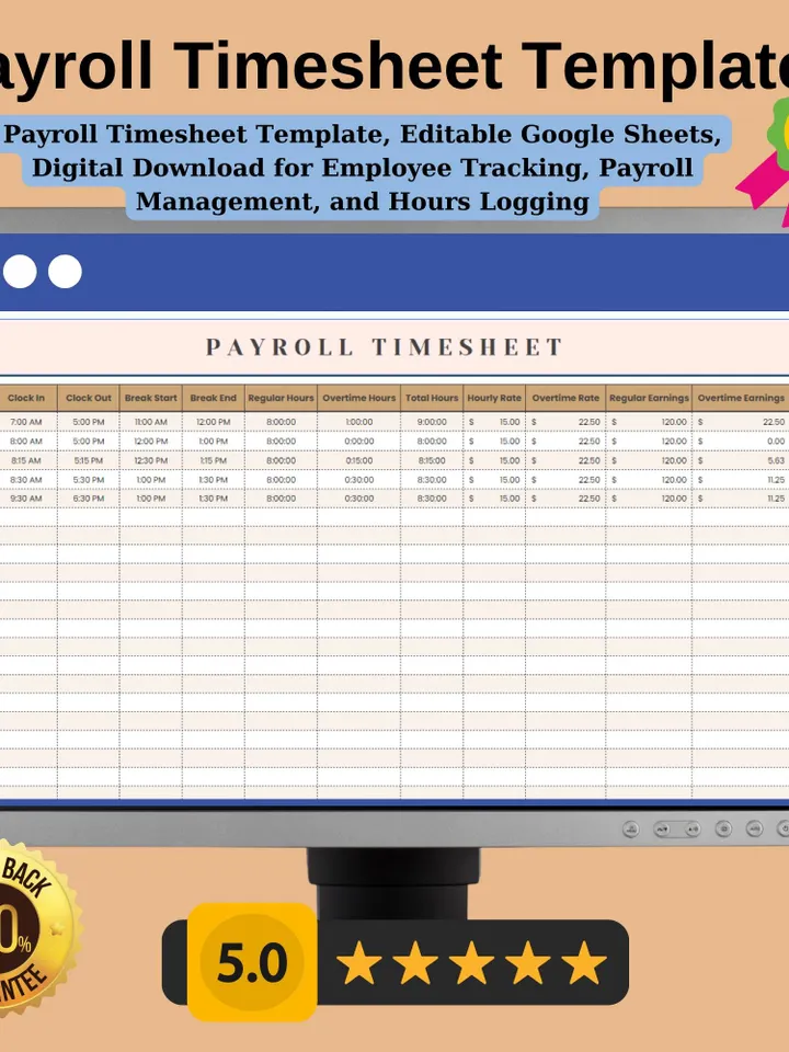 Payroll Timesheet Template, Editable Google Sheets, Digital Download for Employee Tracking, Payroll Management, and Hours Logging