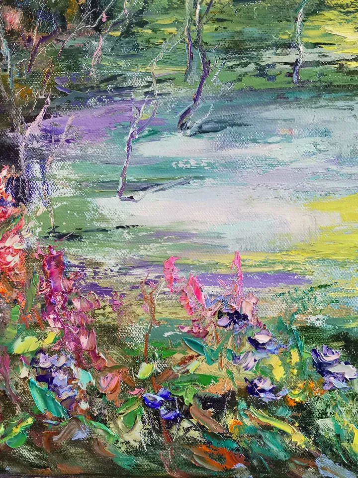 Pond Forest Flowers Oil Painting Landscape Impasto Original Artist Svinar Oksana