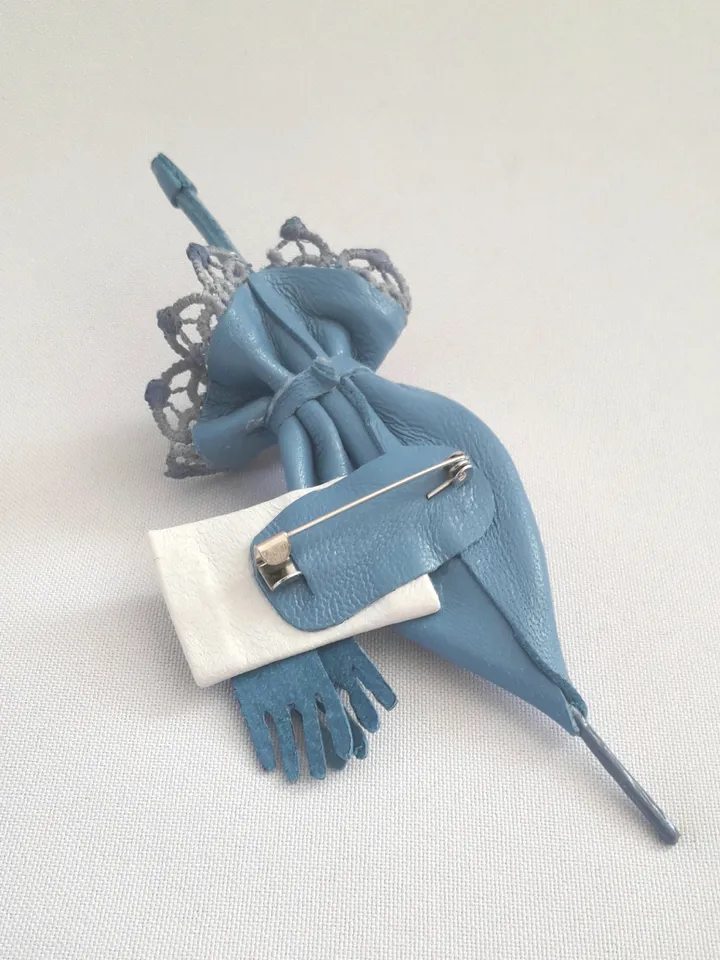 Blue leather brooch umbrella for her , 3rd anniversary gift for wife, Leather women's jewelry
