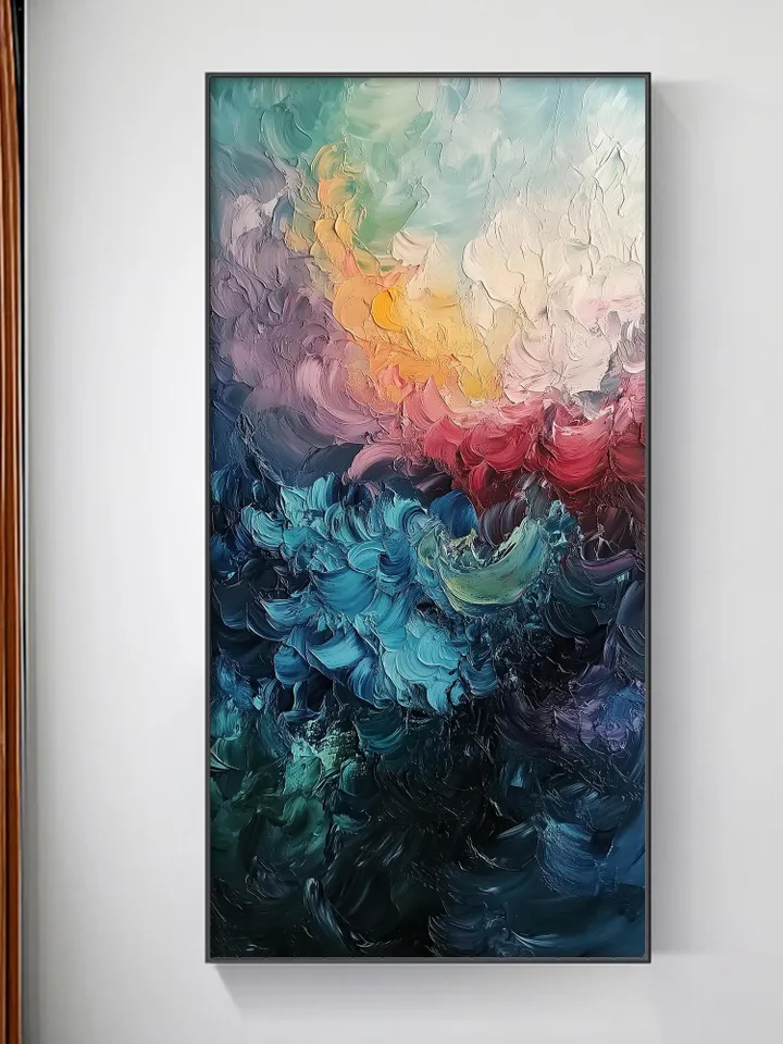 Original Abstract Colorful Waves Oil Painting on Canvas | Blue, Pink, and Gold | Wall Art for Modern Home Decor Large Wall Art | Bedroom Art