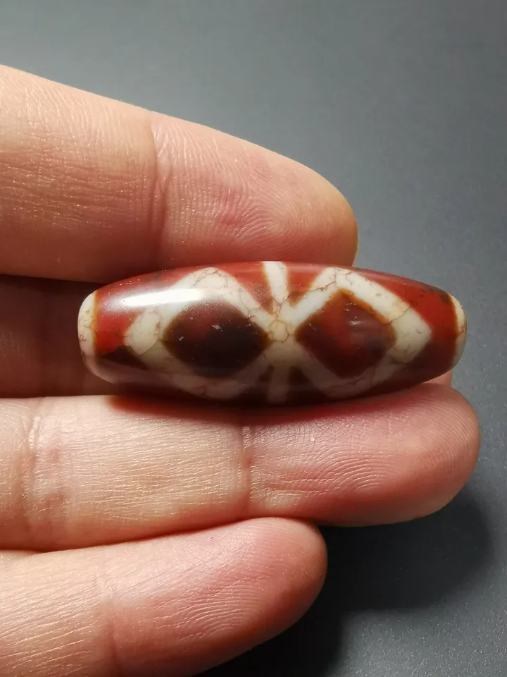 Gandhanra Ancient Tibetan Fire Agate Phum Dzi Bead with Dorje Vajra Pattern(1.58" * 0.55"), Protective Amulet for Vajrayana, zee Bead
