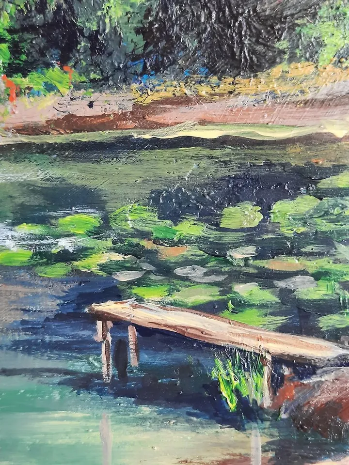 Birch painting Original acrylic art Dock painting Lake painting Forest landscape