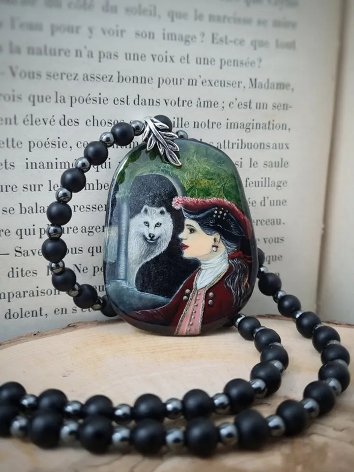 Girl with a white wolf necklace Miniature on agate Hematite and shungite beads