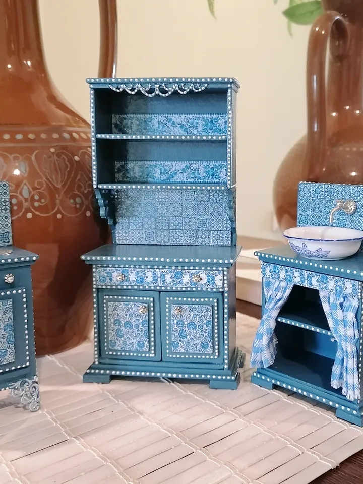 A set of kitchen furniture for a dollhouse. 1:12. Puppet miniature.