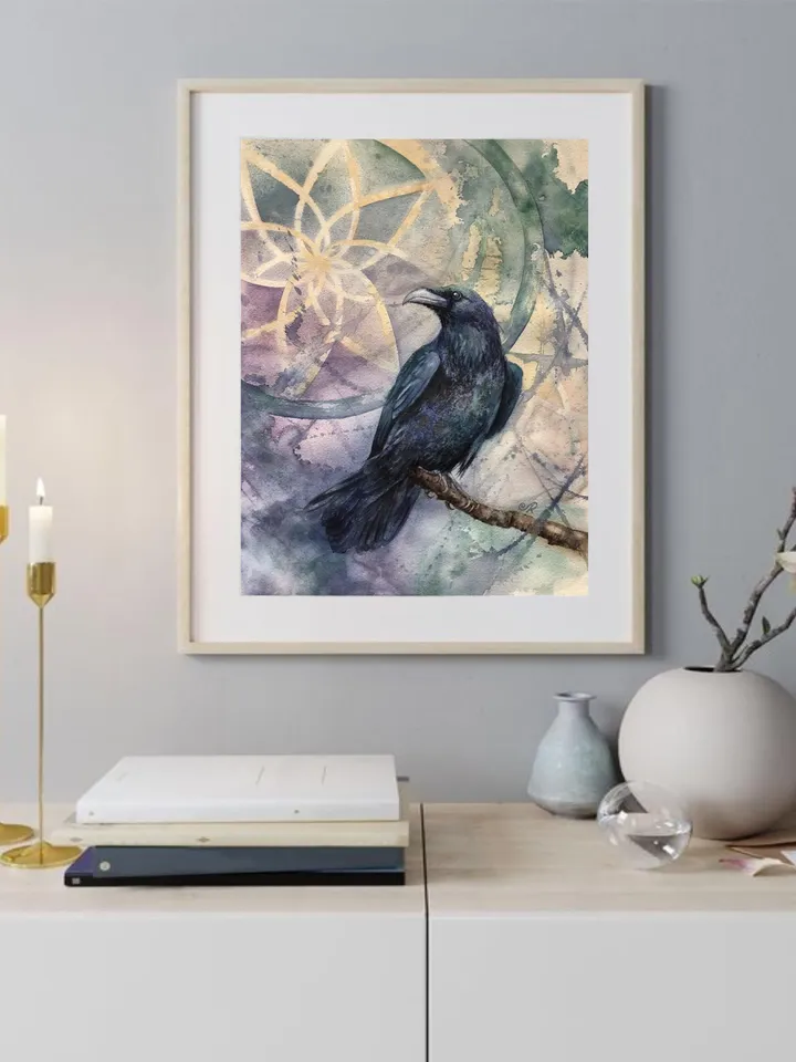 Raven Original Painting Birds Watercolor Crow Wall Art