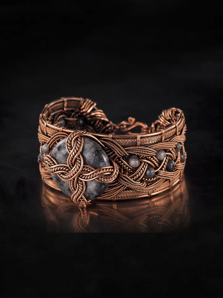 Copper wire wrapped larvikite bracelet Unique bangle 7th Wedding Anniversary