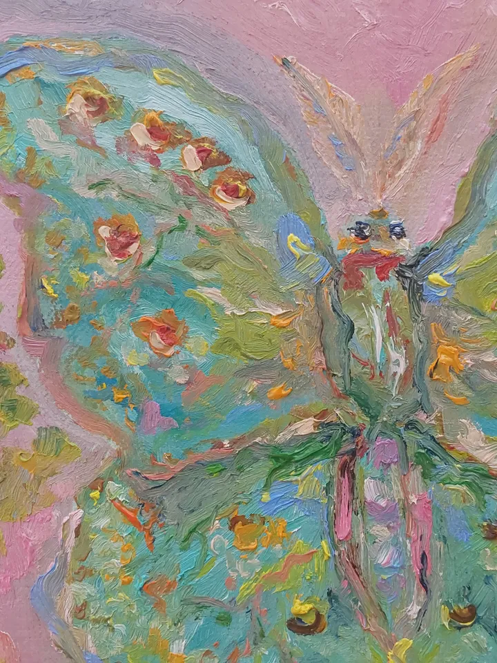 Oil painting on canvas "Silk butterfly" 25x35cm (10x14 inches) in shabby chic style