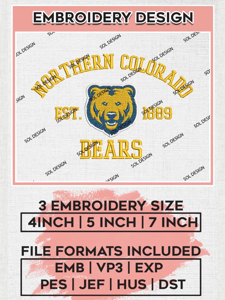 Northern Colorado Bears Est 1889 Logo Embroidery Designs, NCAA Northern Colorado Bears Team Embroidery, NCAA Team Logo, 3 sizes, Machine embroidery Files, Digital Download