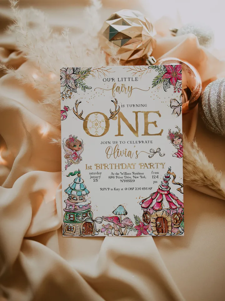 Christmas Pixie Birthday Invitation; Magical Fairy Invitation; Enchanted Fairy Girly Birthday Party Invitation; Christmas Birthday one; CF1