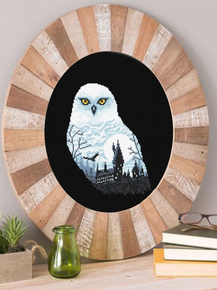 Owl silhouette cross stitch pattern download PDF Magic castle cross stitch Wizard school xstitch chart Halloween moon pattern digital #H32