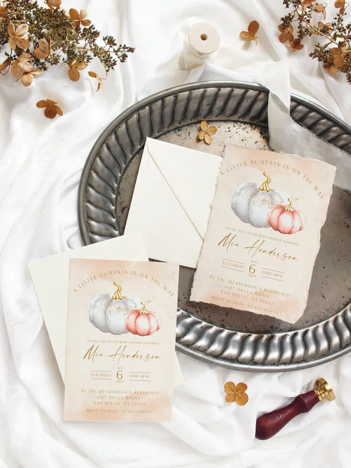 A little Pumpkin on the Way! Autumn Baby Shower Invite; Pink Pumpkin Baby Shower Invitation set; Pumpkin 2022 trend Autumn baby shower kit