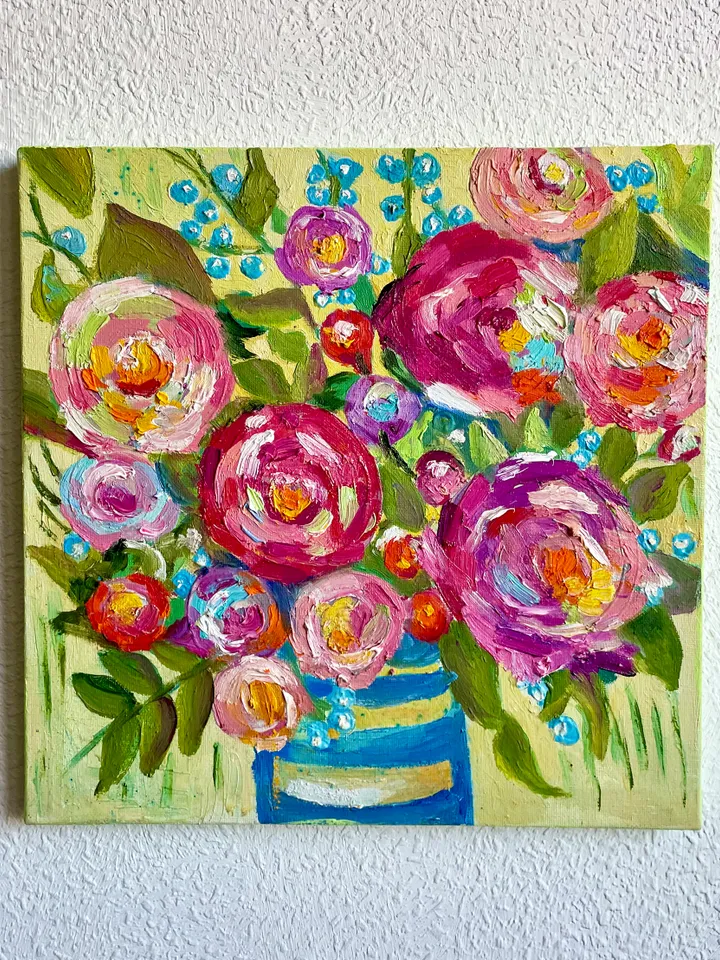Roses bouquet painting, Original oil Painting on canvas, Flower fauvist art, floral wall art