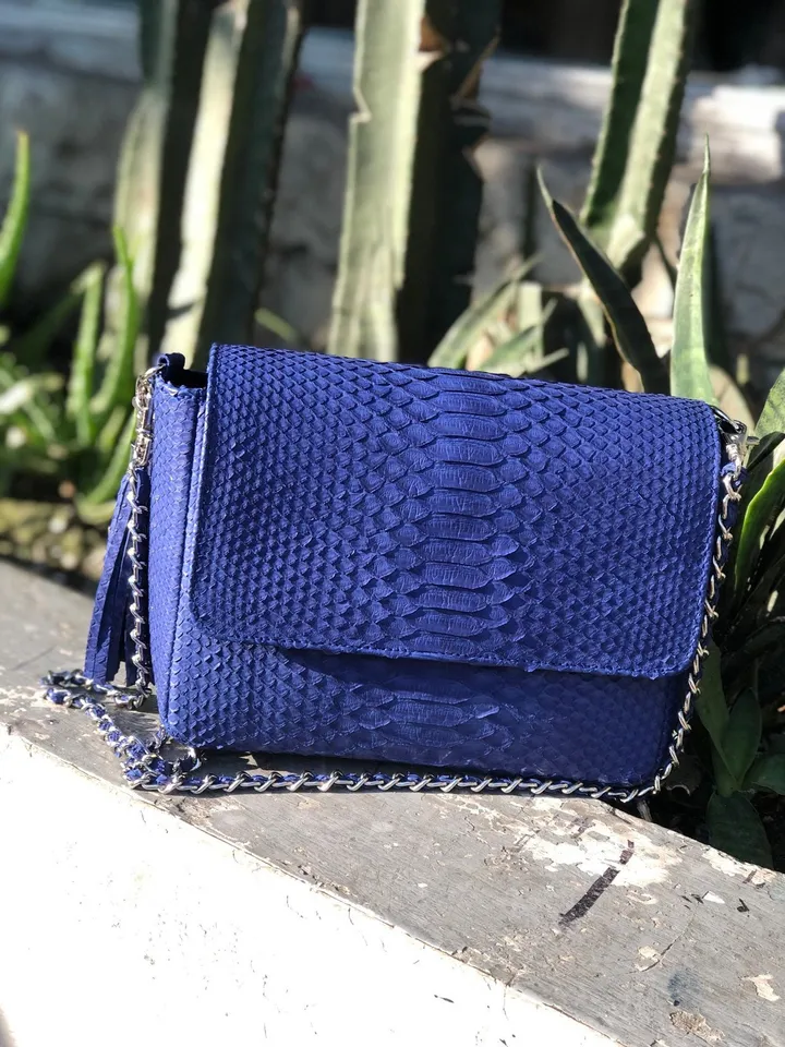 Genuine Python Skin Blue Crossbody Bag | Elegant Classy Leather Snake Python Bag Dark Blue | Women Bags | Chain Bag Indonesian Python Skin
