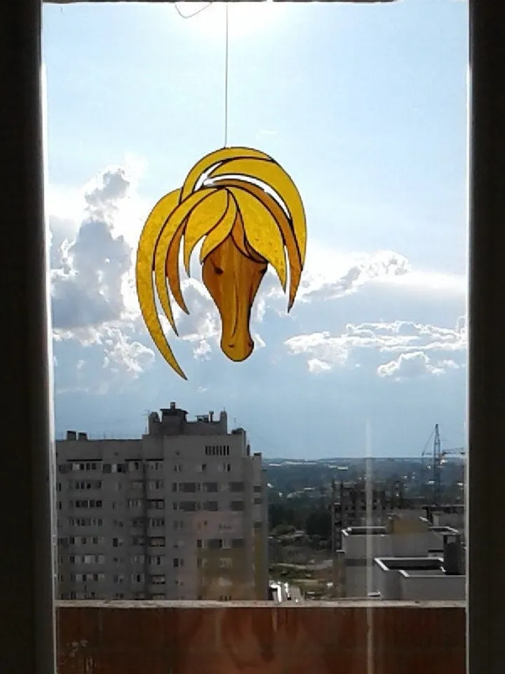 Head Horse Golden Amber Brown . Art stained glass window hanging Suncatcher
