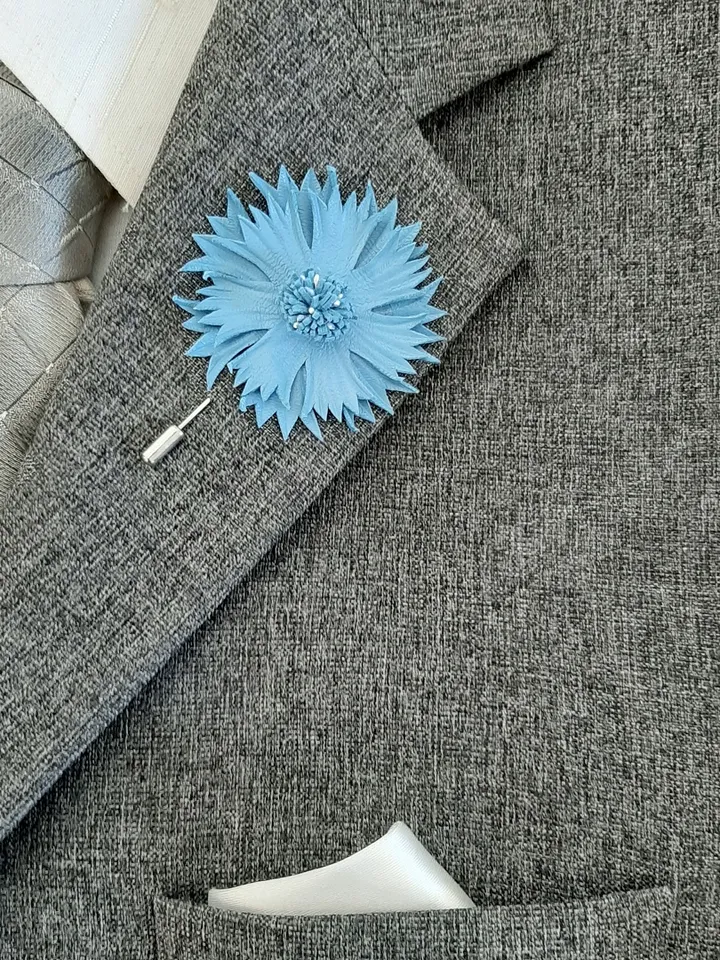 Blue cornflower men's lapel pin Leather boutonniere for him 3rd anniversary gift