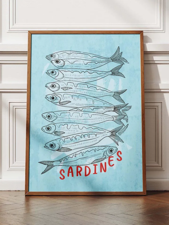 Sardine Wall Art, Sardines Tin Fish Poster, Colorful Kitchen Print, Maximalist Home Decor, Vintage Style Digital Artwork, Retro Sardine Art