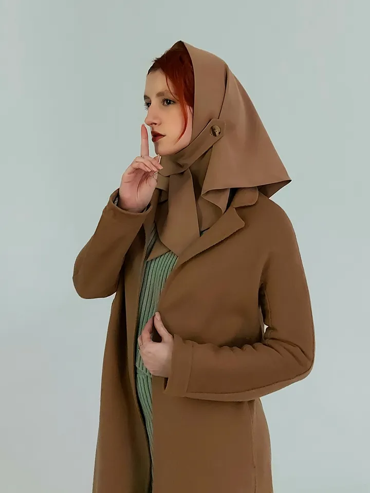 Headscarf women's waterproof head scarf made of cotton raincoat with a button in camel color spring 2024 headwear, fashion accessory
