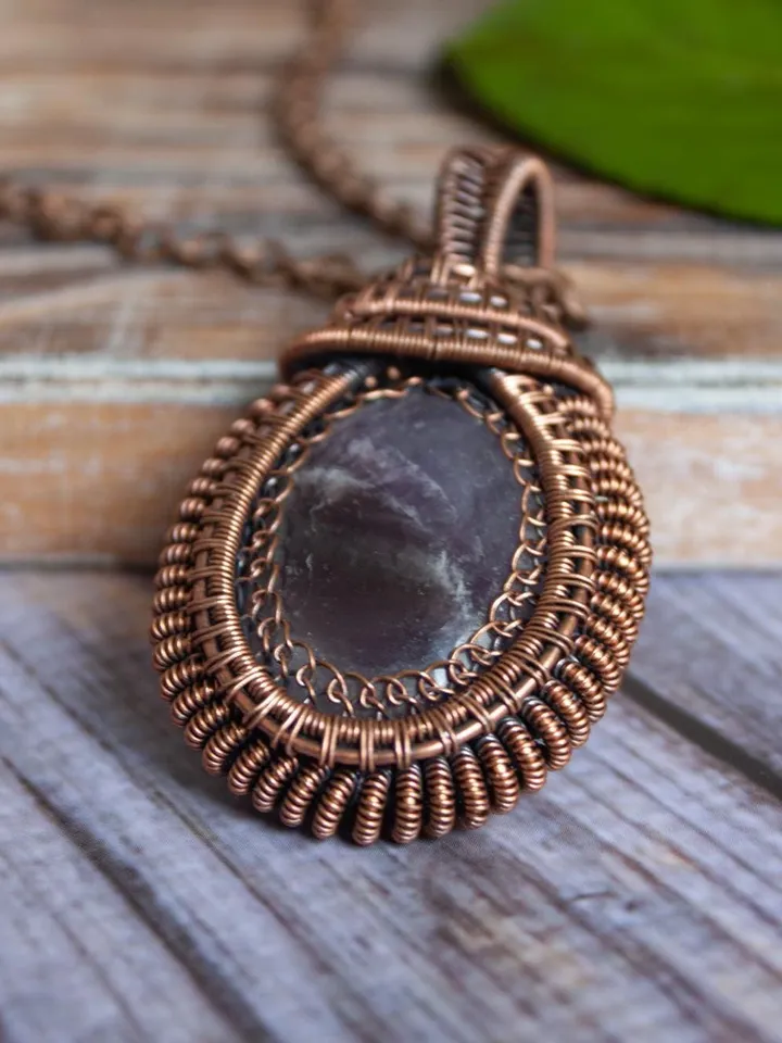 Elegant Handmade Pendant with Natural Stone in Copper Wire Wrapping