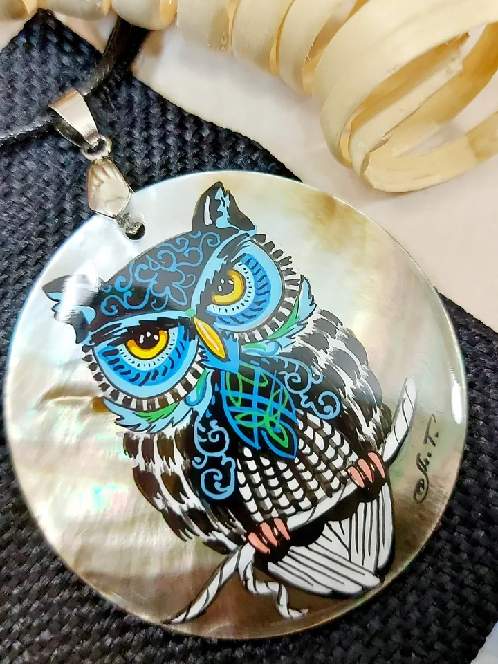 Pearl pendant necklace: Mosaic Eagle owl hand painted on gorgeous animal pendant. Graceful handmade jewelry. Unique gift for grandmother