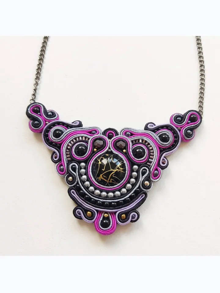 Purple statement necklace, Boho necklace, Soutache embroidered beaded necklace, Bohemian neklace