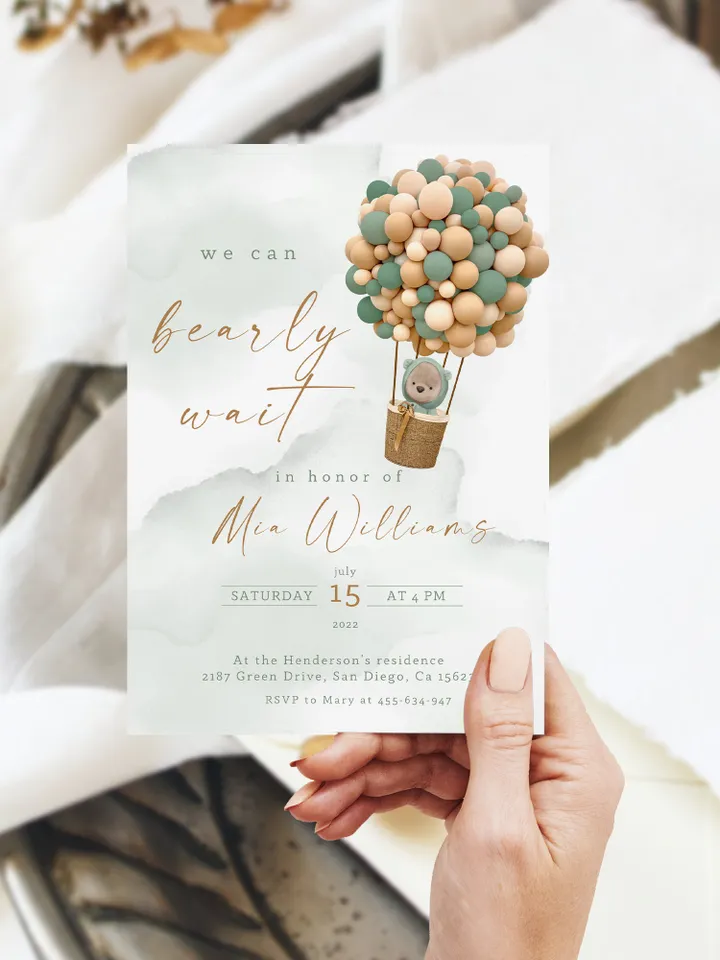 Teddy Bear Hot Air Balloon Baby Shower; We can bearly wait; Editable Teddy Bear Ballons Baby Shower; Neutral Gender Baby Shower Invitation