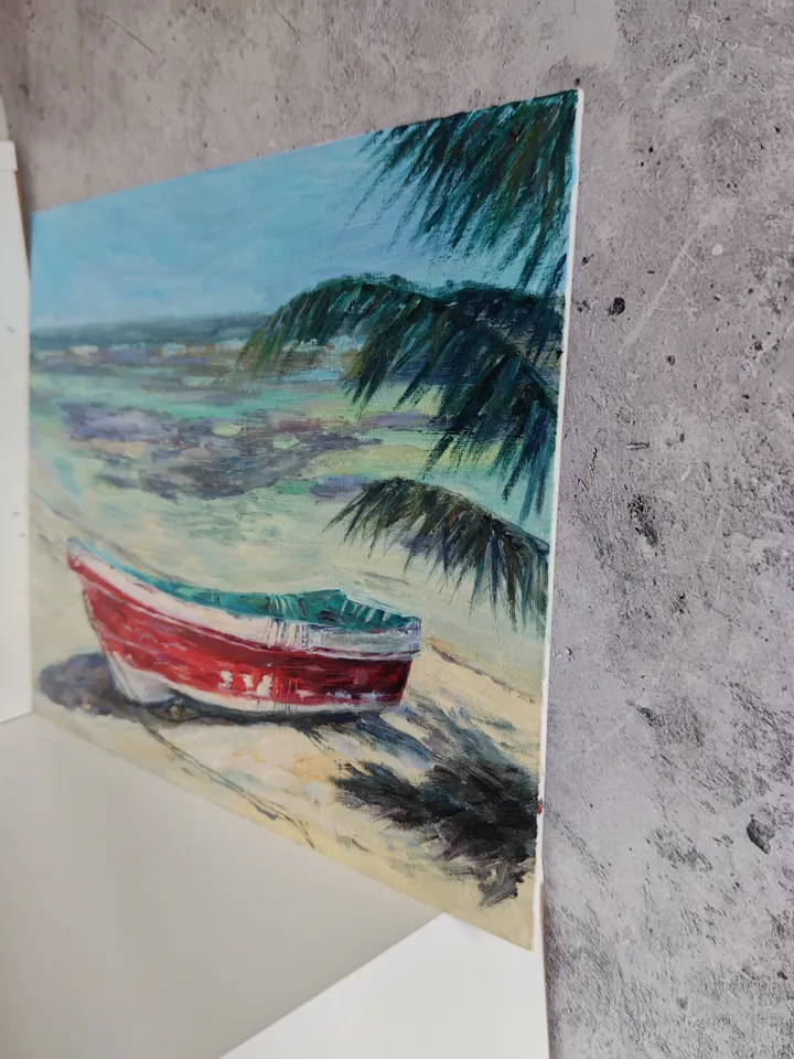 Boat oil painting beach artwork