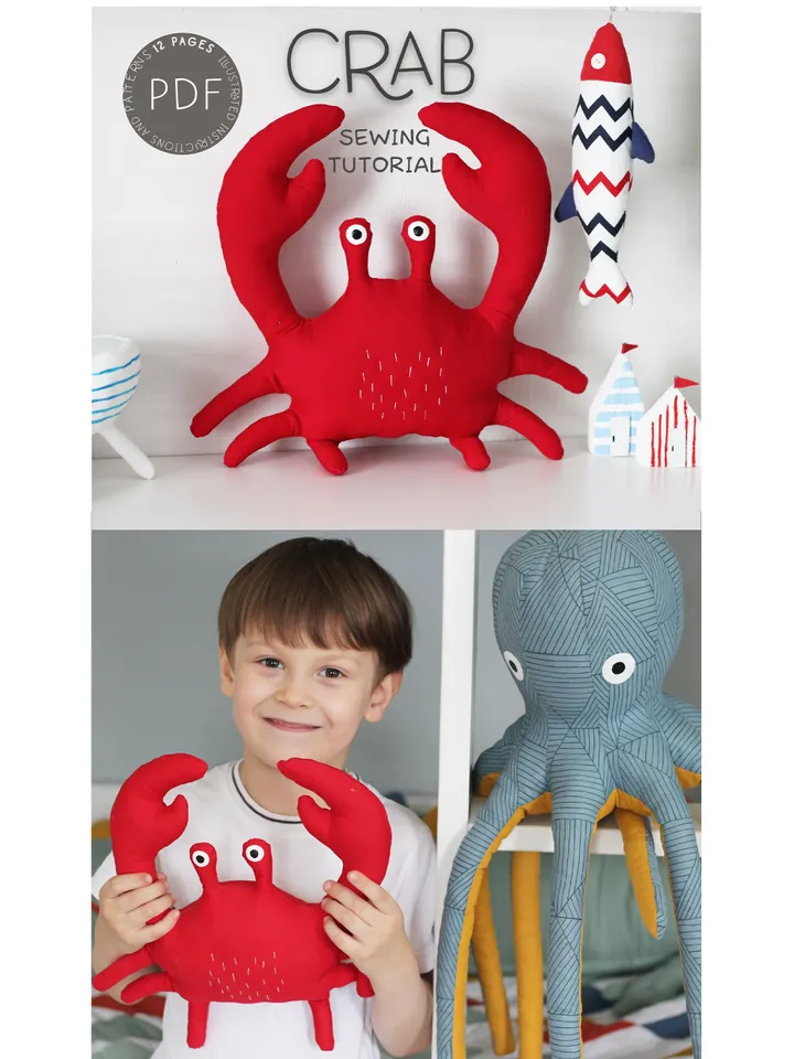 Crab sewing pattern, Crab toy sewing pattern. DIY Tutorial in PDF Format. Digital Pattern for Easy Sewing.