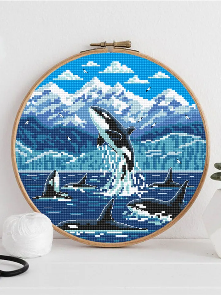 Glacier Bay National Park cross stitch pattern PDF download Killer whale cross stitch chart, Orcas in Alaska, Splashing orca whale art #L71