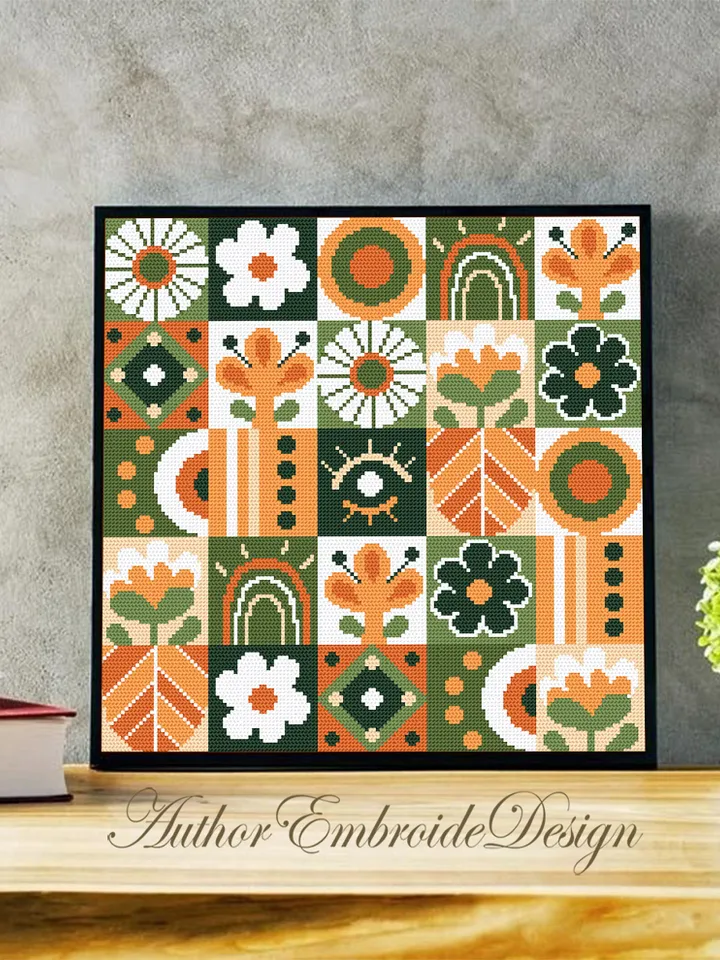 Floral boho cross stitch pattern PDF download Scandinavian folk cross stitch chart for beginner, Abstract flowers pattern digital PDF #P49