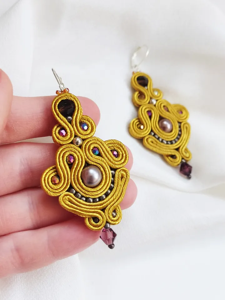 Golden earrings, Long dangle earrings, beaded embroidered soutache earrings