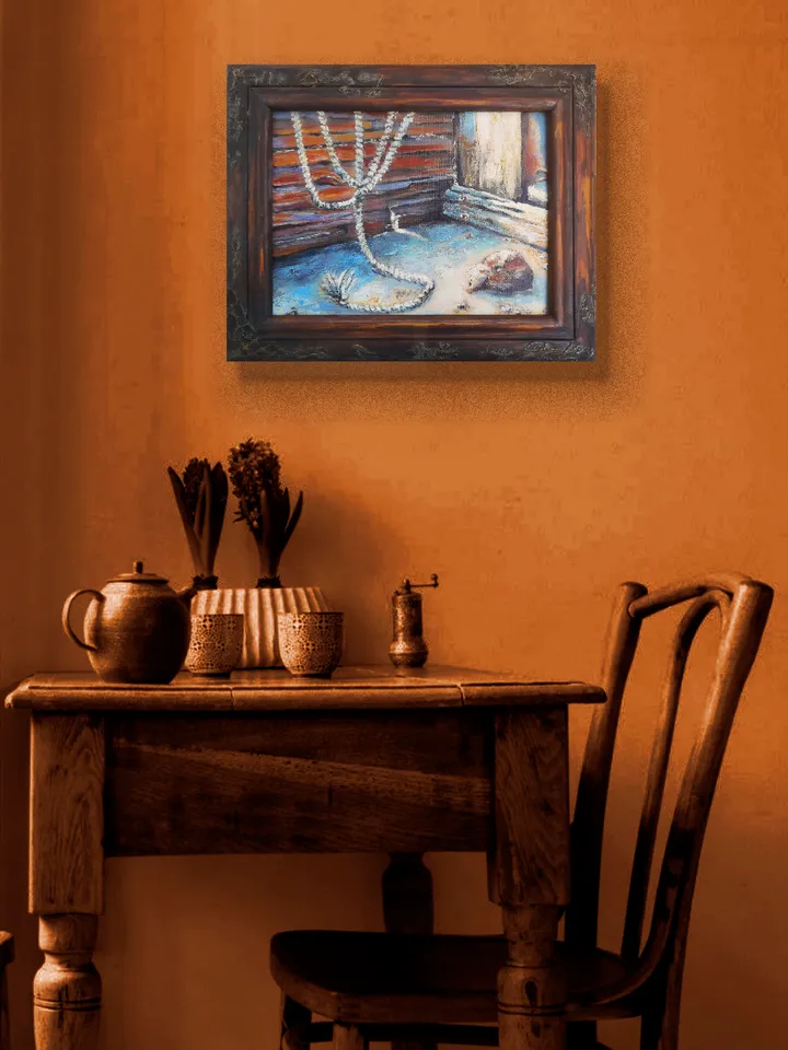 oil painting in a designer frame In an old courtyard, 12,6х10 inches (with the frame)