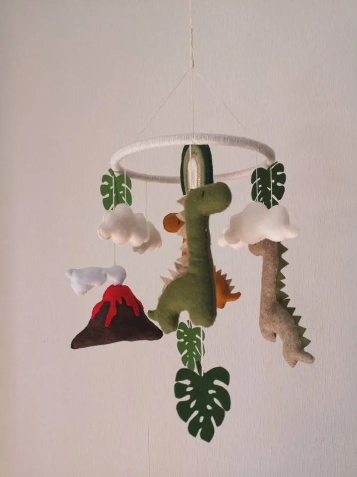 Dinosaur crib baby mobile with rainbow cloud star monstera. Baby shower gift ide