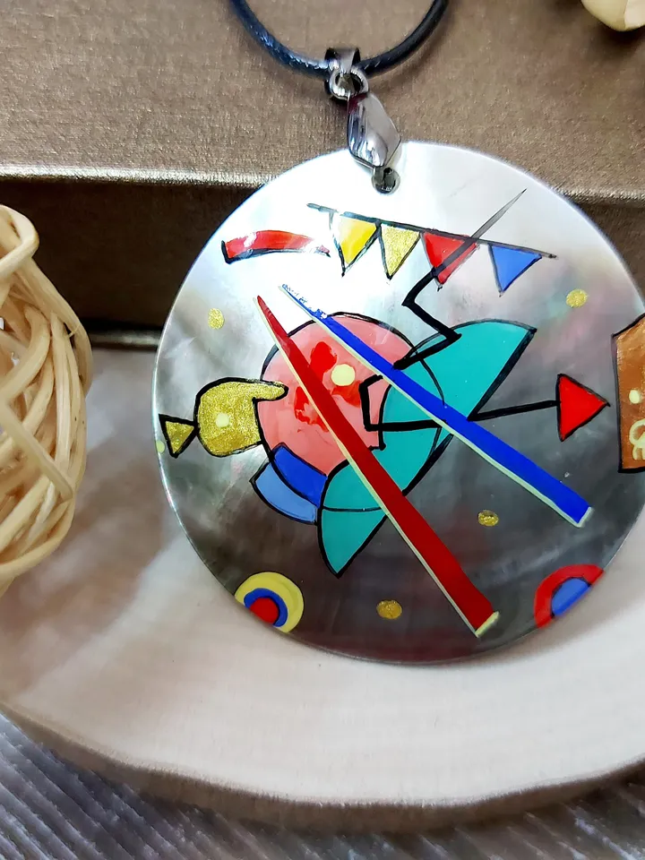 Pendant Kandinsky 2 Mother-of-pearl Hand-painted Russian jewelry magic of painting fine art jewelry Art gift Fedoskino Collectible