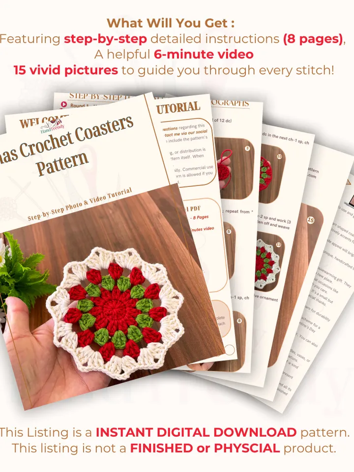 Xmas Crochet Coasters Pattern, Easy Christmas Doily Coasters for Beginners, Crochet Cup Coasters Perfect for Holiday Decor and Gift Giving
