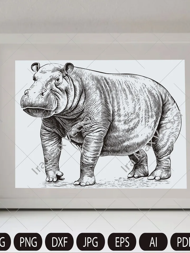 Hippo SVG, Cute Hippopotamus, Hippo detailed sketch,Outline cut file, Jungle Safari, Zoo Animal clipart, Hippo engraving Digital Stamp