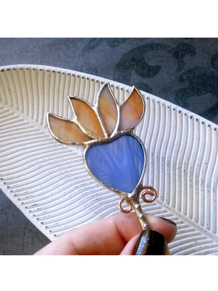 Garden art, Glass flower, lotus, lilie suncatcher, nature Stained glass, Orange flower, flower pot pole