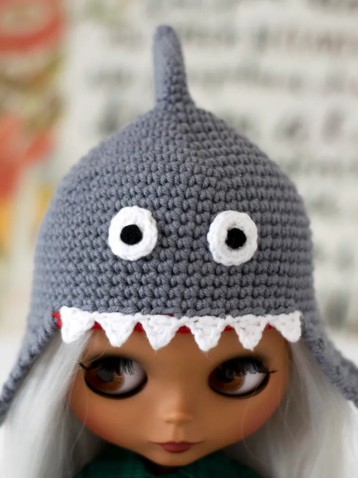 Shark hat for Blythe doll, Pullip doll, Icy doll, animals hat with ears for Halloween, crochet accessories for dolls
