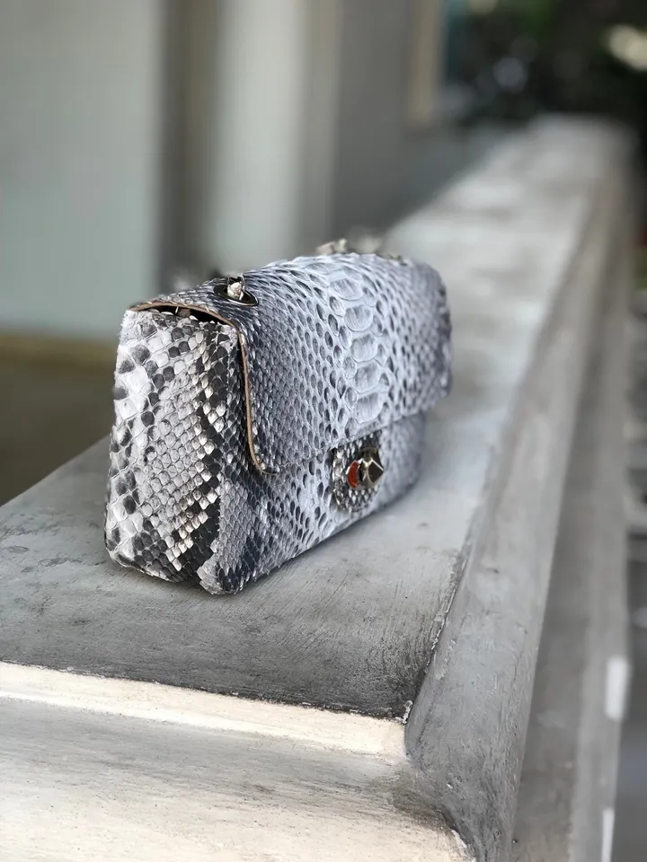 Genuine Python Skin Crossbody Natural Scale Gray Bag | Summer Chain Crossbody Bag | Elegant Clssy Crossbody Python Bag | Leather Bag Women