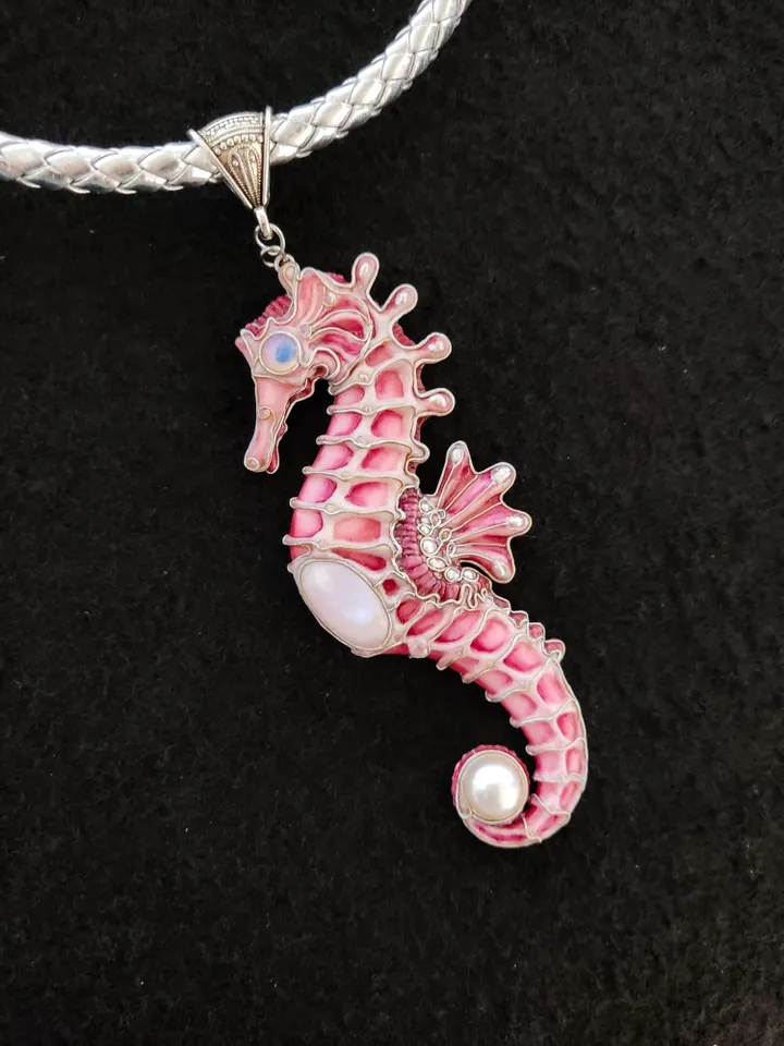 Seahorse necklace, Pink Seahorse, Pearl necklace, Seahorse jewelry