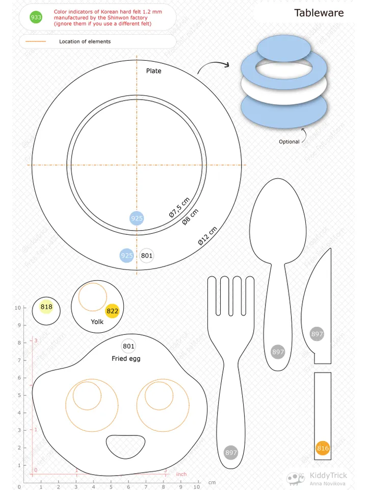 Felt Tableware with a fried egg - Sewing Pattern