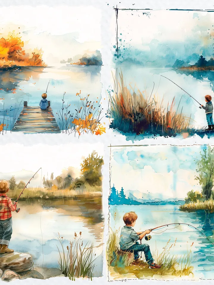 20 PNG Kid Fishing Clipart Bundle, Little Boy Fishing, Watercolor clipart for sublimation , Digital download, Paper craft, Junk Journal