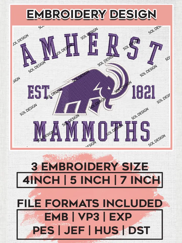 NCAA Amherst Mammoths Team Est 1821 Logo Embroidery Design Files, NCAA Amherst Mammoths Machine Embroidery, NCAA Teams, 3 sizes, NCAA Machine embroidery designs, Digital Download
